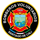 Logo of Bomberos Voluntarios Santiago de Cali with a shield in the center showing mountains, a river, and a boat, surrounded by a red background with a lighthouse and ladder, and the year 1928 at the top.