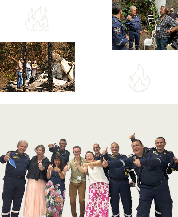 A group of people, including firefighters and civilians, stand together smiling and giving thumbs up. Inset images above show firefighters inspecting wildfire damage and talking with civilians outdoors.