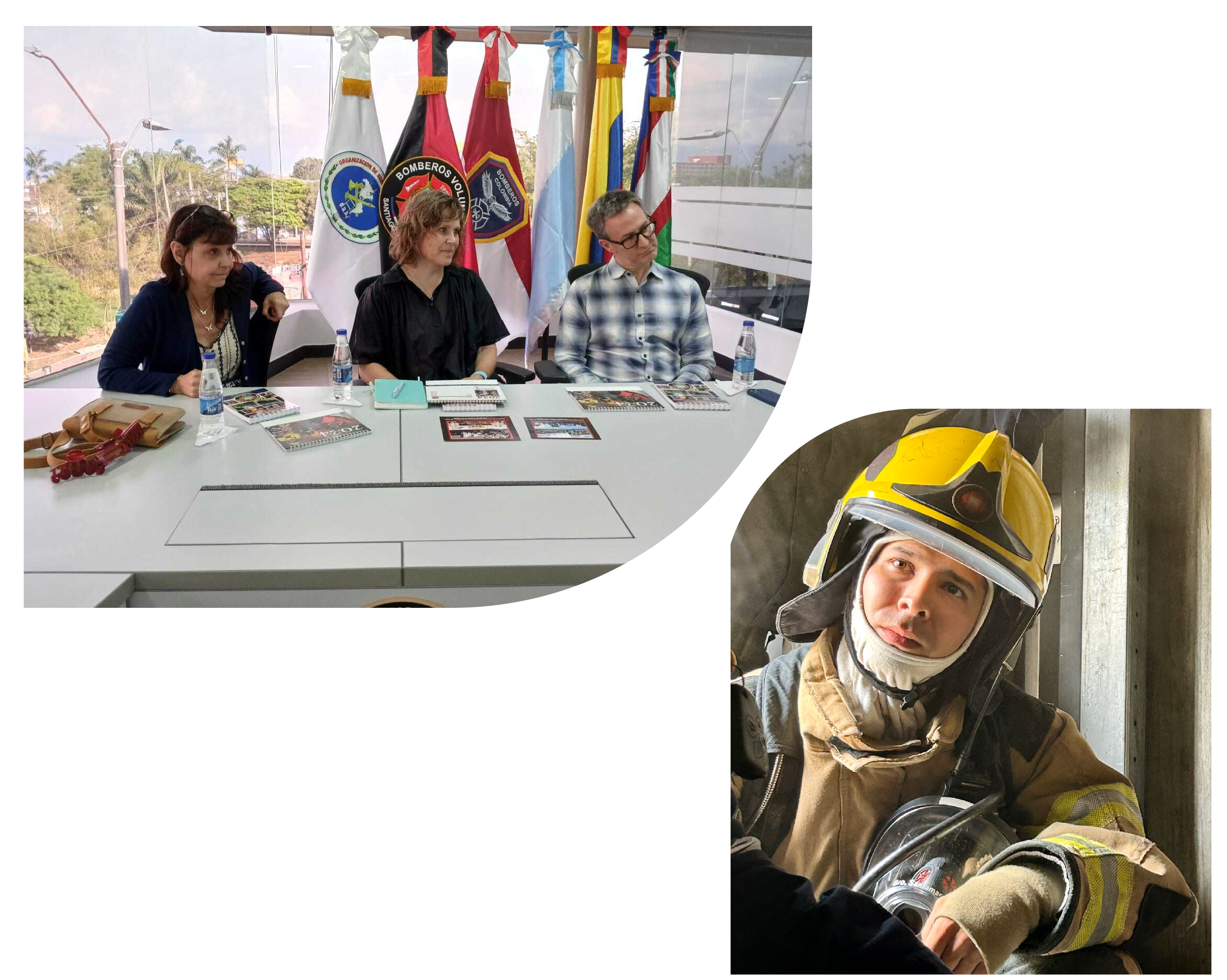 A firefighter in uniform sits by a window, looking thoughtful. Above, three people sit at a conference table with documents and flags behind them, appearing to be in a meeting.