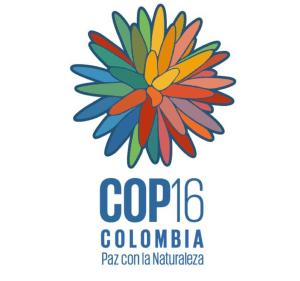 Logo with a colorful, abstract flower above the text: COP16 Colombia Paz con la Naturaleza, on a white background.
