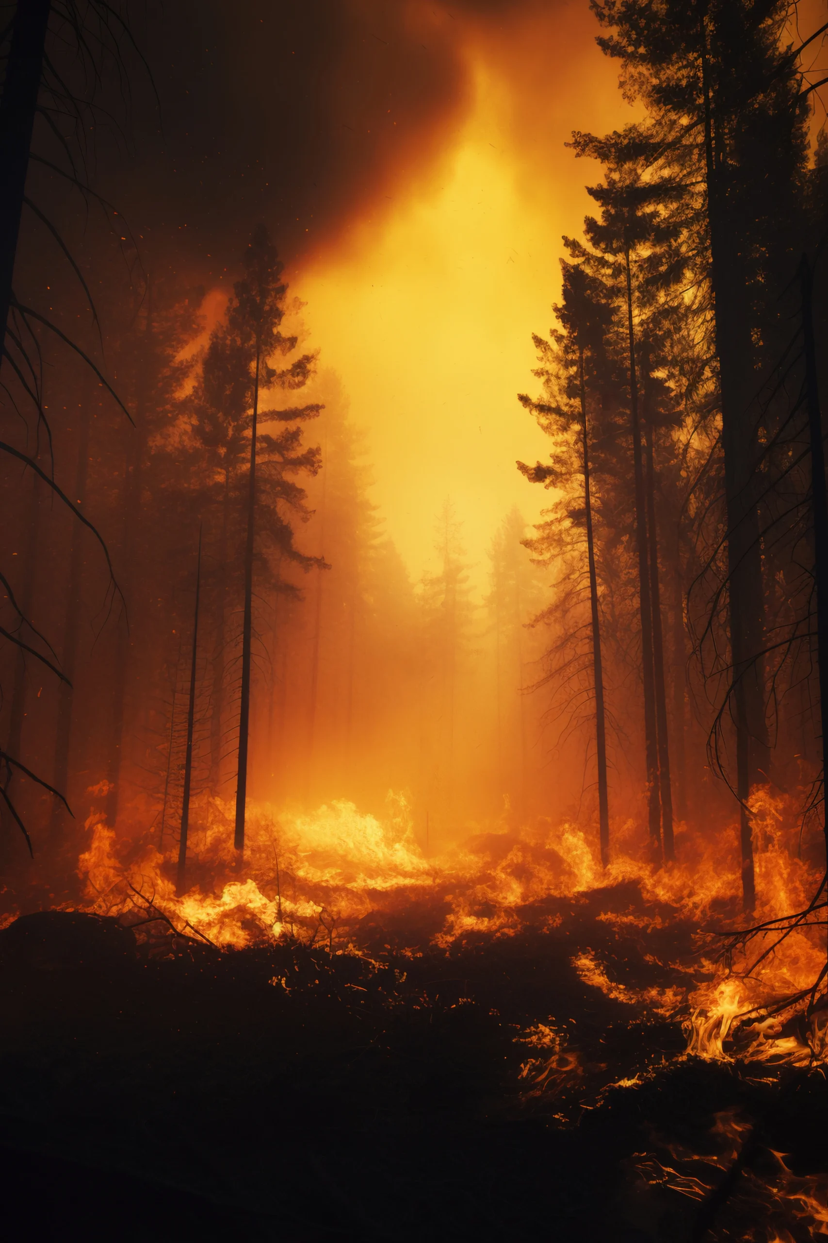 A forest fire engulfs tall trees, filling the sky with thick orange smoke and flames raging across the forest floor, creating an intense and dramatic scene.