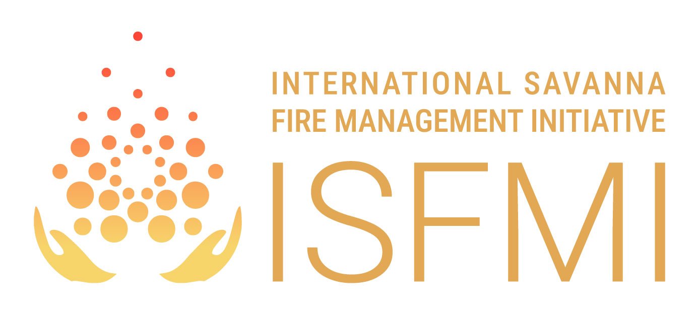 The logo for the International Savanna Fire Management Initiative (ISFMI) features orange and yellow circles forming an upward pattern above two stylized yellow hands, with the organizations name to the right.