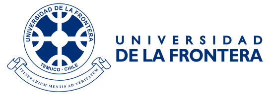 Logo of Universidad de La Frontera in blue, featuring a circular emblem with abstract shapes on the left and the universitys name in uppercase letters to the right.