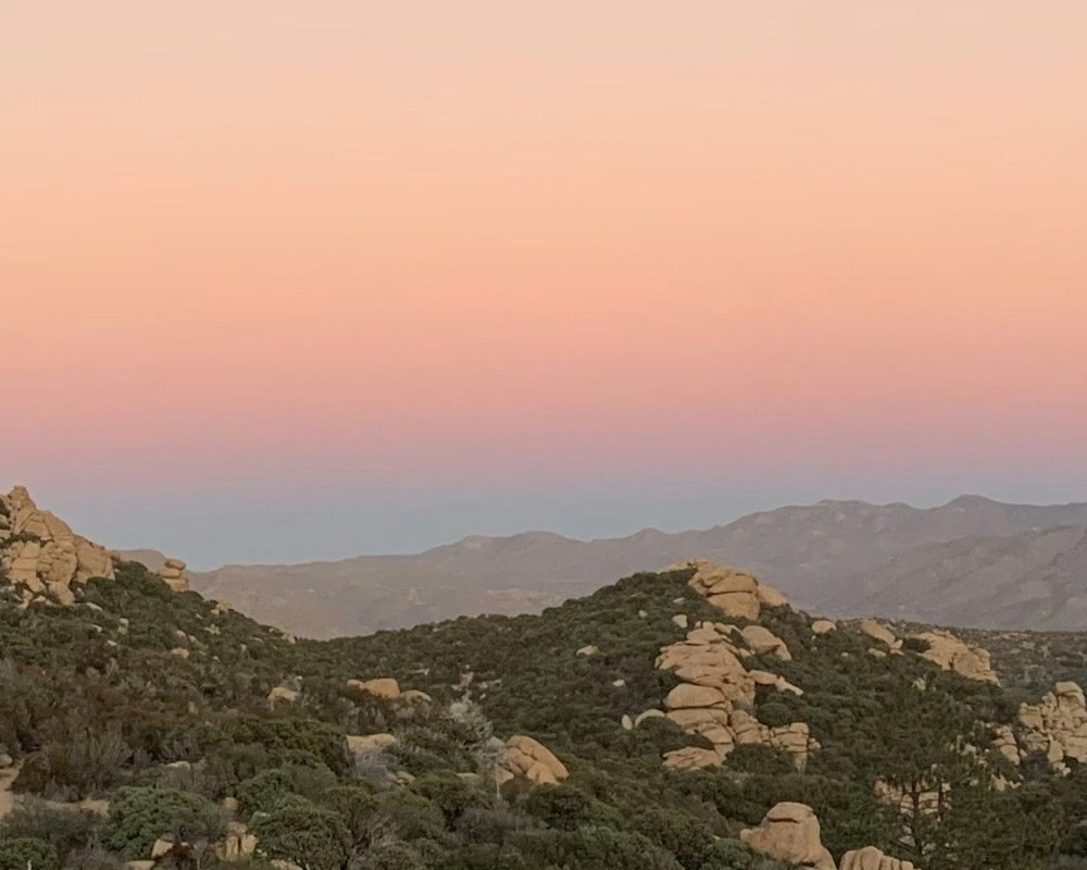 A serene landscape at sunset shows rolling green hills and rocky outcrops under a pastel sky with soft pink, orange, and blue hues. The foreground is filled with dense shrubs and vegetation.