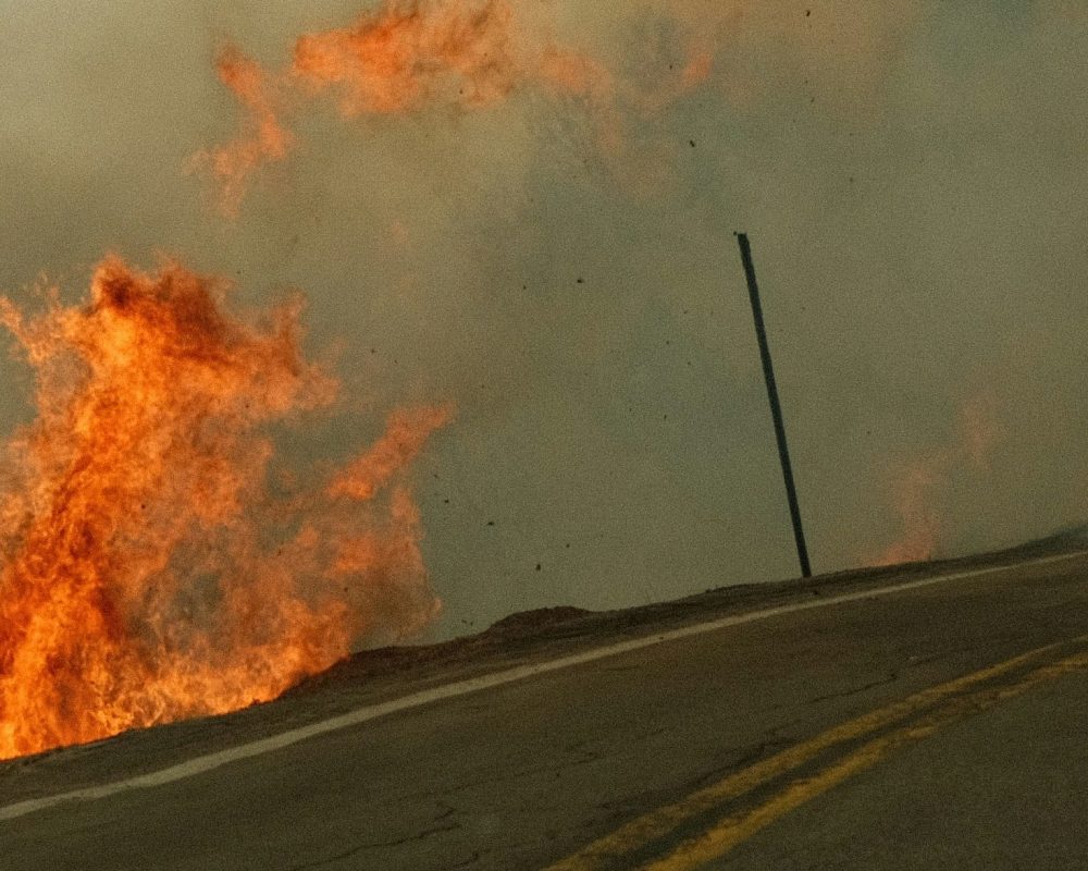 A wildfire burns near a winding road, with flames and heavy smoke rising beside the pavement. Leafless trees and dry vegetation line the hillside under a hazy sky. Photo taken from inside a vehicle.